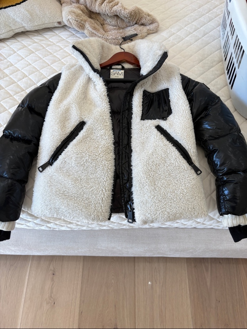 SAM Two-Tone Sherpa and Quilted Puffer Jacket in Cream and Black
